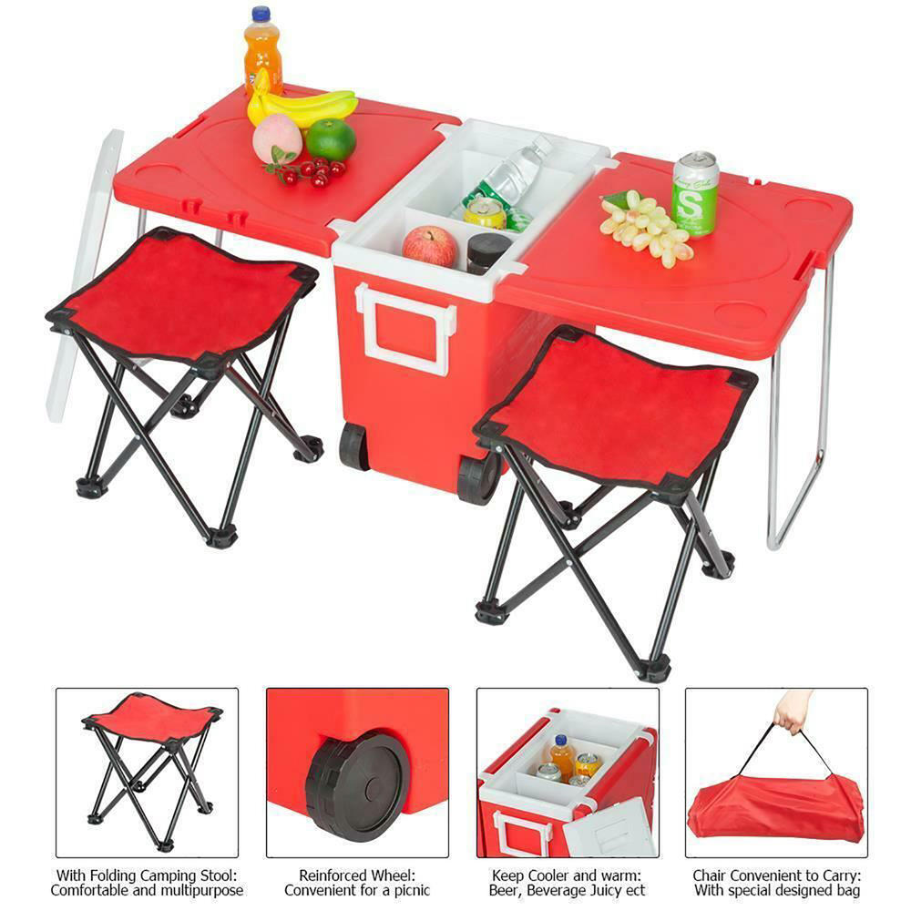 VidaDeals Camping Rolling Cooler with Table and 2 Chairs - Red
