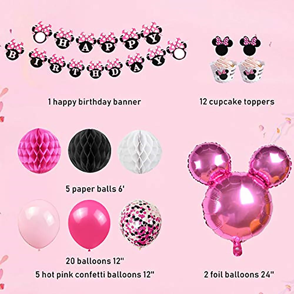 Jollyboom Minnie Themed Birthday Party Supplies - Pink, White & Black