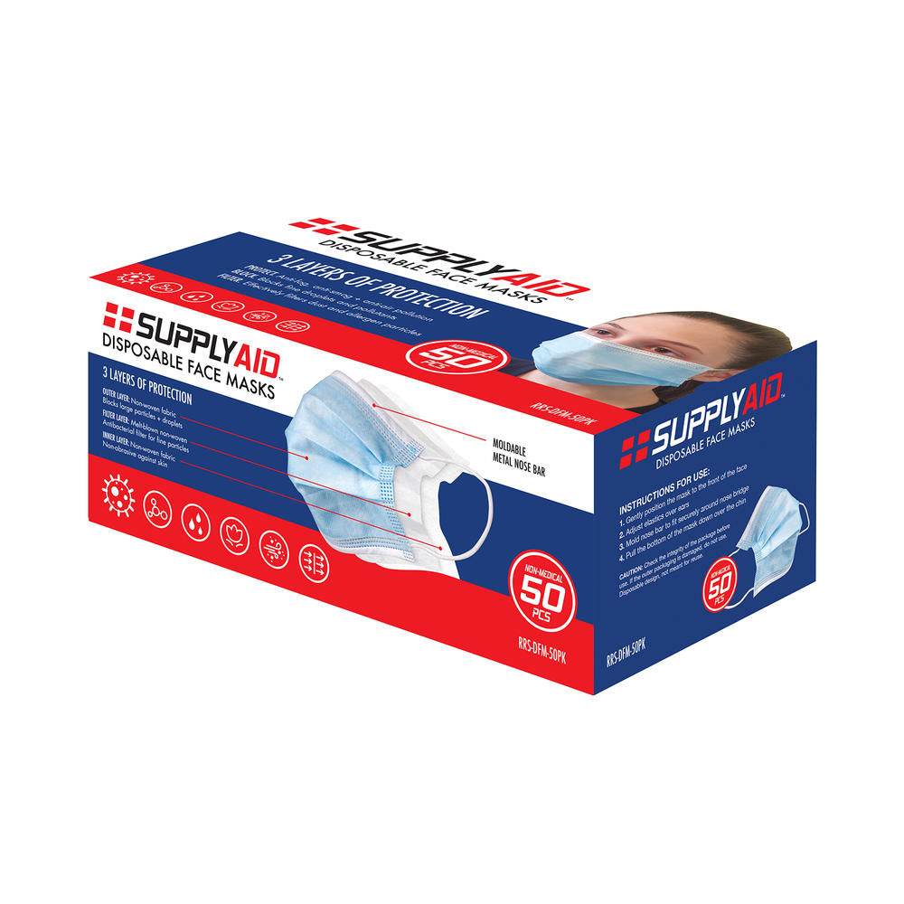 SUPPLYAID 50pc. Disposable Face Masks - Blue