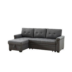 Contemporary Home Living Lilola Home Lucca Reversible Sectional Sofa Couch, Storage Chaise, Pull Out Sleeper, L-Shape Lounge, Steel Gray, Linen