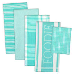 CC Home Furnishings Set of 5 Teal Dish Cloths and Dish Towels 28" x 18"