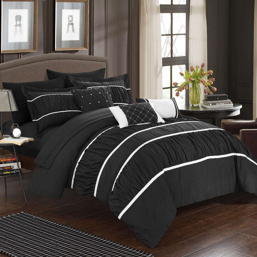 Chic Home 10pc. Cheryl Pleated & Ruffled Queen Comforter Set - Black