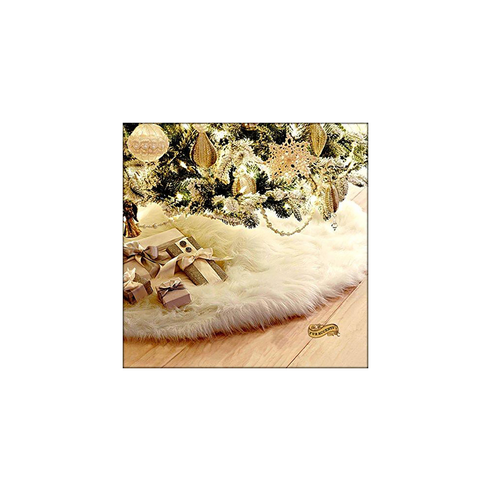 Fur Accents Round Plush Shaggy Christmas Tree Skirt - Off White