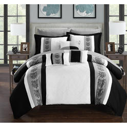 Chic Home Clayton 10 Piece Pintuck Pieced Color Block Embroidery Queen Comforter Set White