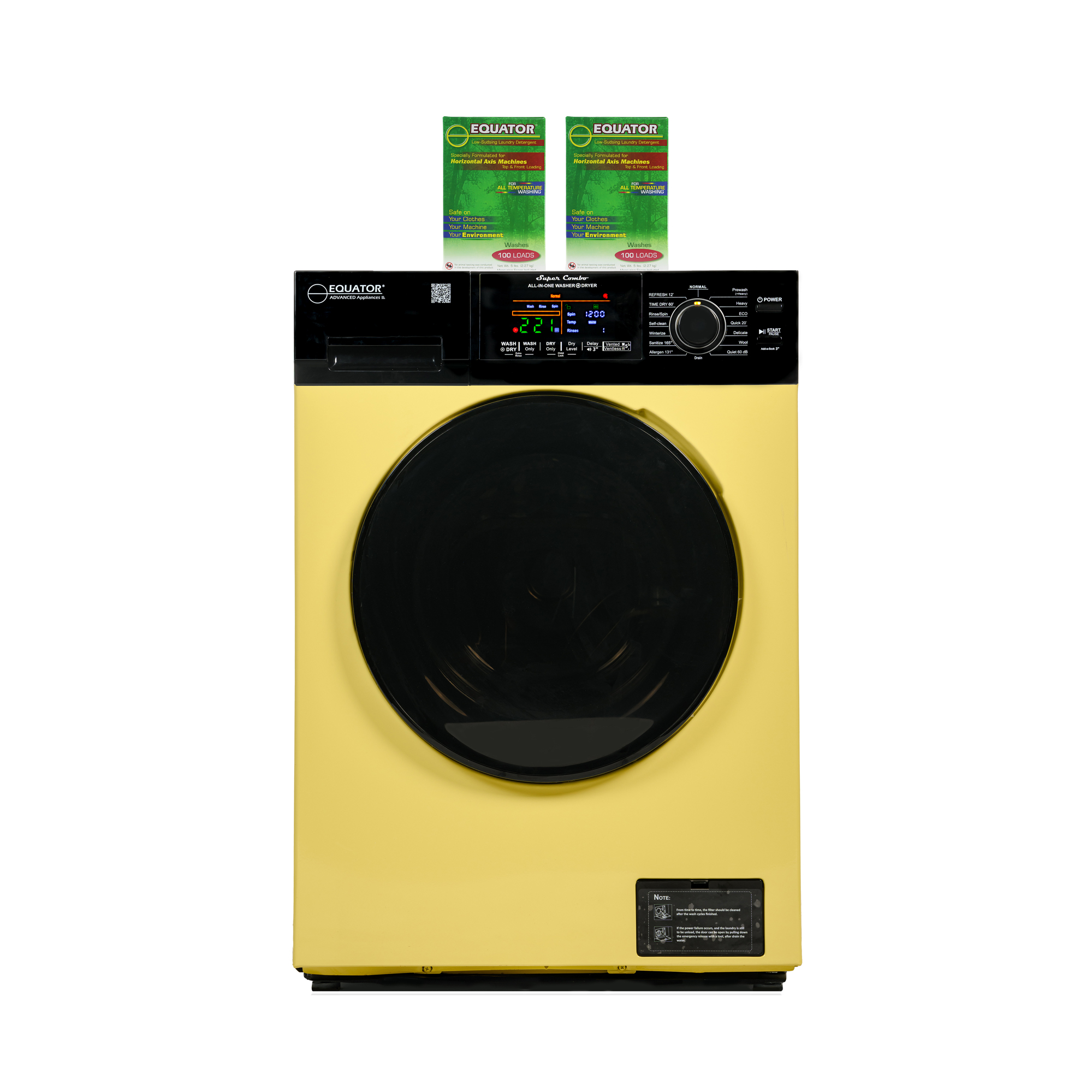 Equator Advanced Appliances EZ5500CVYellow//Black2BoxesofHED 18lb. Combination Washer Dryer w/ 2 Boxes of HE Detergent – Yellow/
