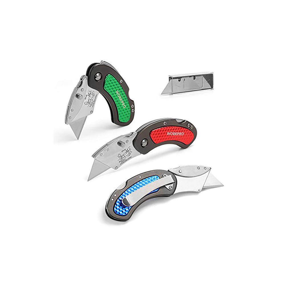 WORKPRO 3pc. Folding Utility Knife Set with 10 Extra Blades - Red, Green and Blue