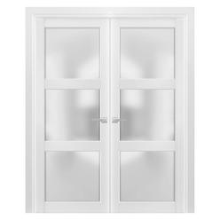 SARTODOORS French Double Doors 72 x 80 inches Frosted Glass 3 Lites | Lucia 2552 Matte White | Wood Panel Frame | Doors 