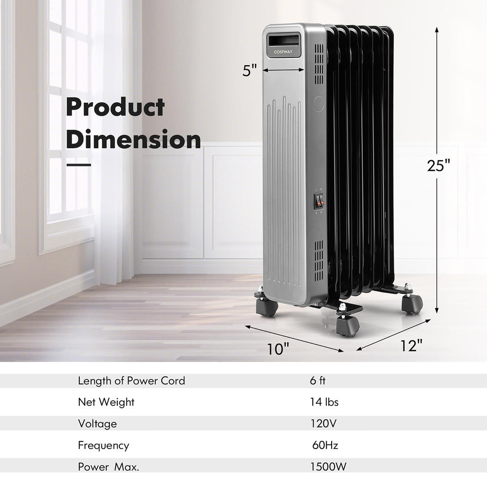 Costway EP25438US-BK 1500W Oil-Filled Radiator Heater Portable Electric Space Heater 3 Heat Settings