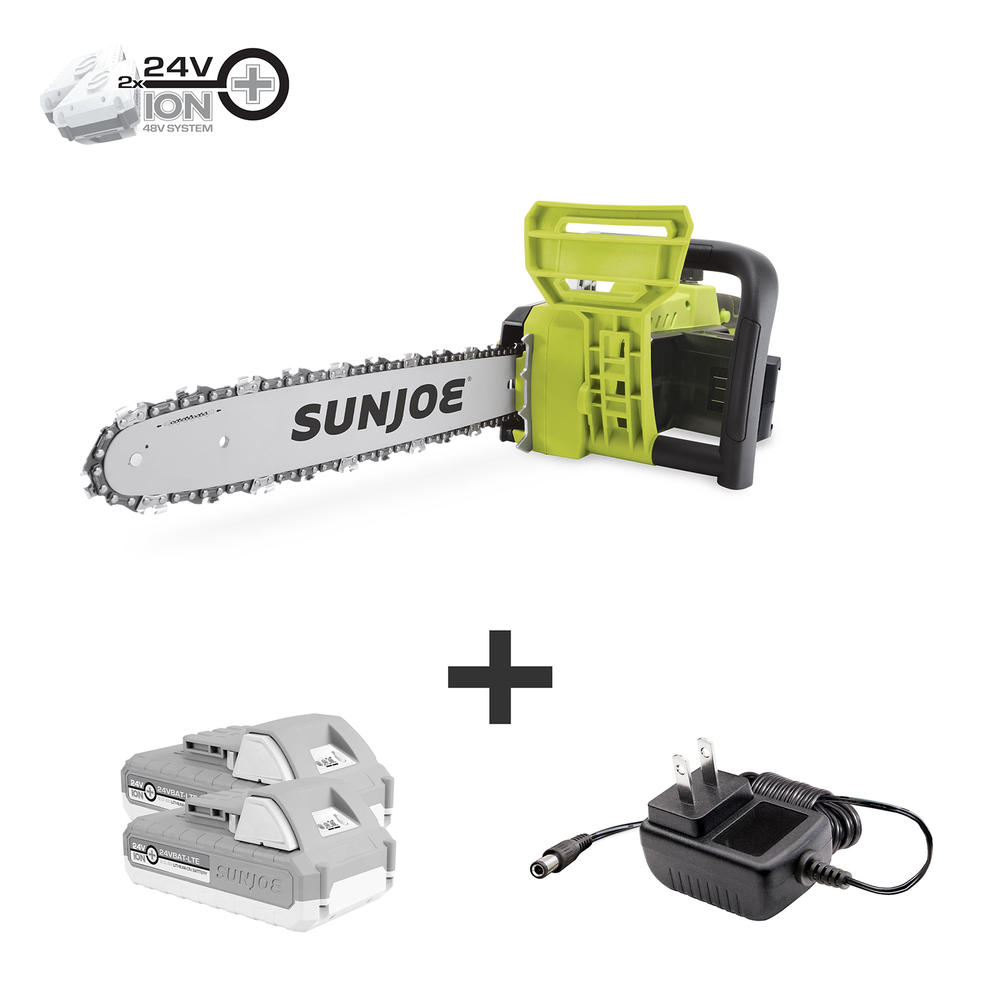 Sun Joe 24V-X2-CS16 48-Volt iON+ Cordless Chain Saw Kit | 16-Inch | W/ 2 x 2.0-Ah Batteries and Charger
