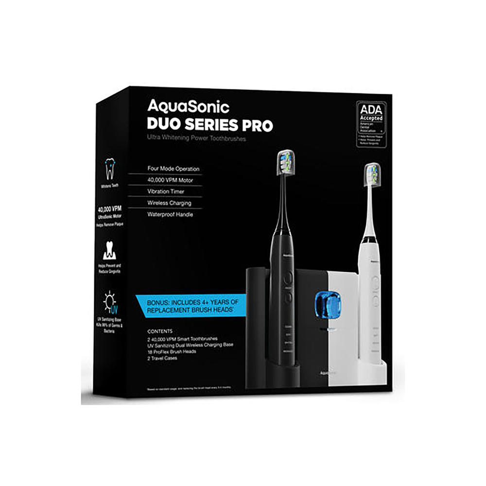 Aquasonic UV-Sanitizing Toothbrush Set w/ 2 Rechargeable Electric Toothbrushes, Replacement Brush Heads and 2 Travel Cases