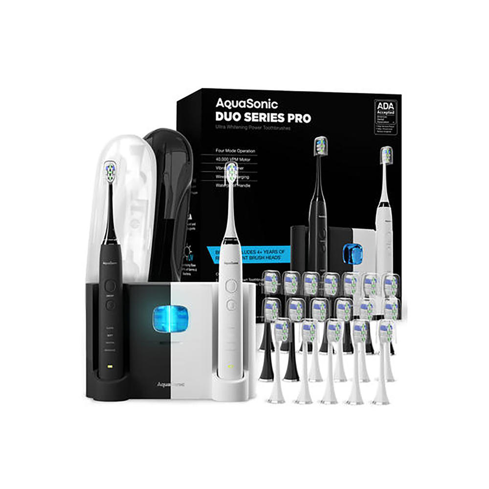 Aquasonic UV-Sanitizing Toothbrush Set w/ 2 Rechargeable Electric Toothbrushes, Replacement Brush Heads and 2 Travel Cases