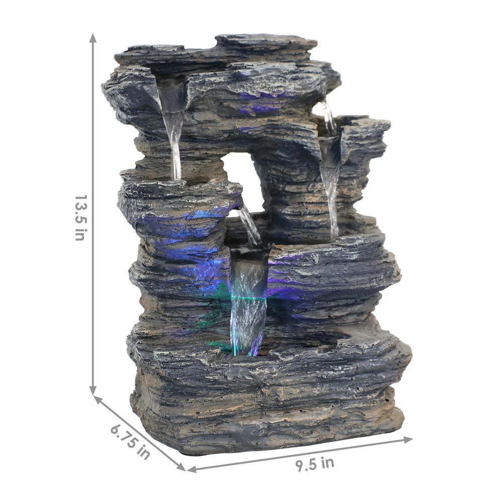 Sunnydaze Decor Five Stream Rock Cavern Tabletop Water Fountain with Multi Colored LED Light