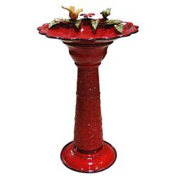 Alpine Corporation 28" Tall Outdoor Metal Birdbath with Birds and Leaves Yard Statue Decoration, Red