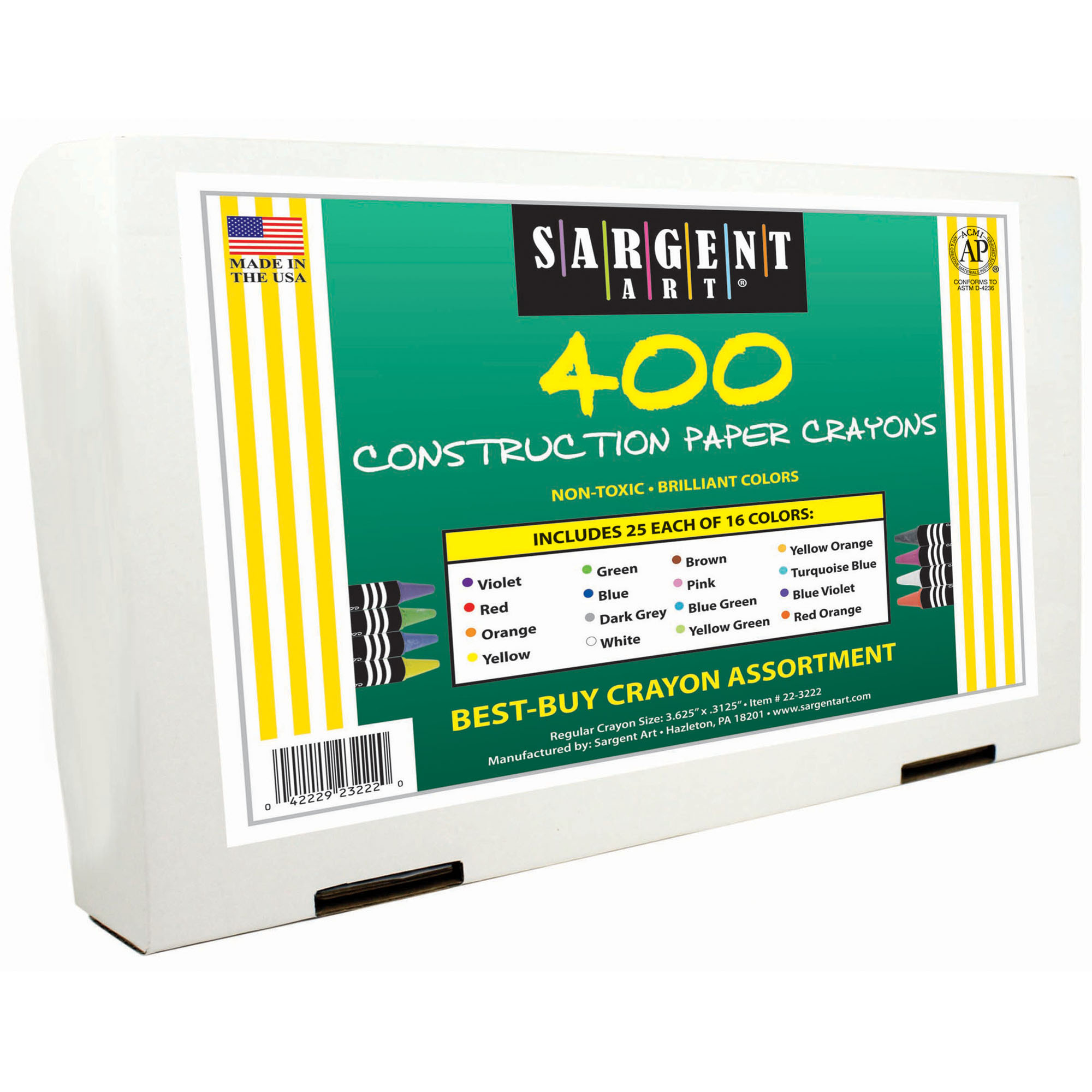 Sargent Art 400Ct Asst Standard Size 16 Colors Construction Paper Crayons