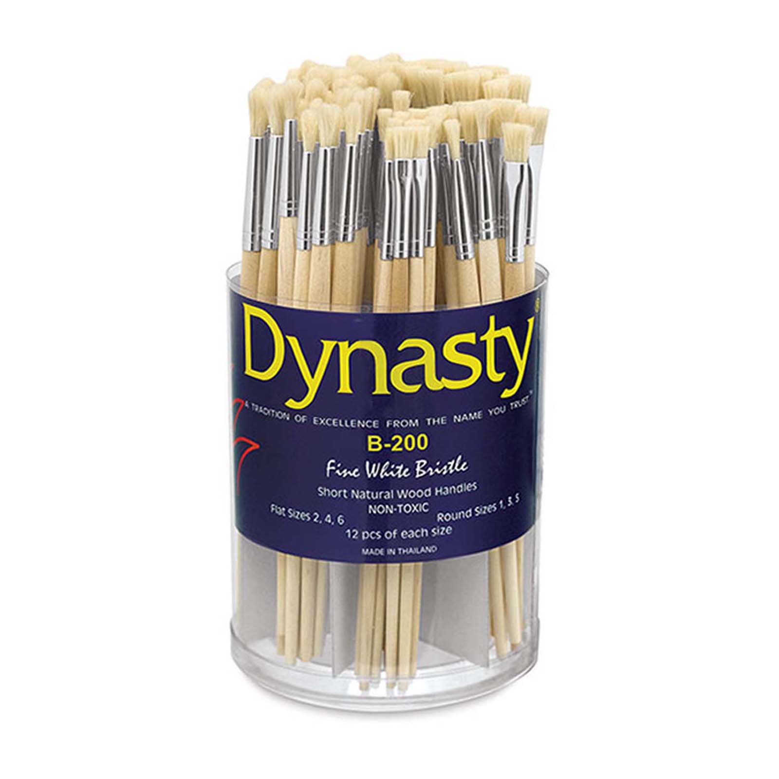 Dynasty B-200 Cylinder Pure White Bristle Short Enameled Wood Handle Paint Brush Set, Assorted Size, White, Set of 72