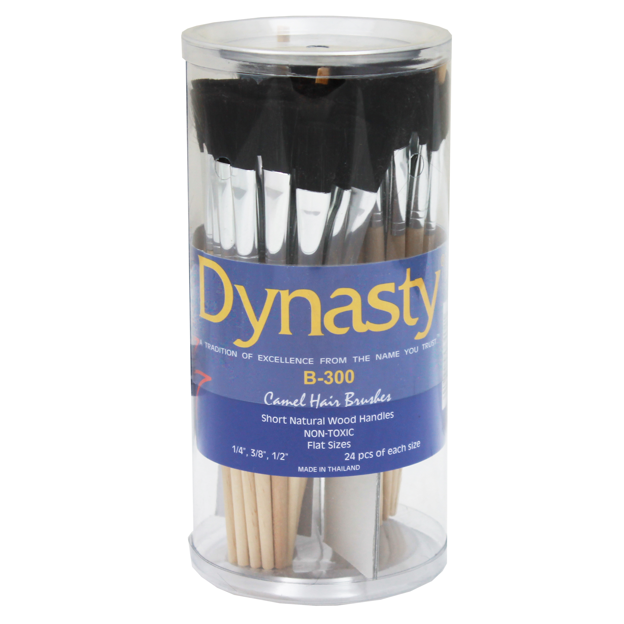 Dynasty B-300 Flat Cylinder Multi-Purpose Camel Hair Short Wood Handle Paint Brush Set, Assorted Size, Set of 72