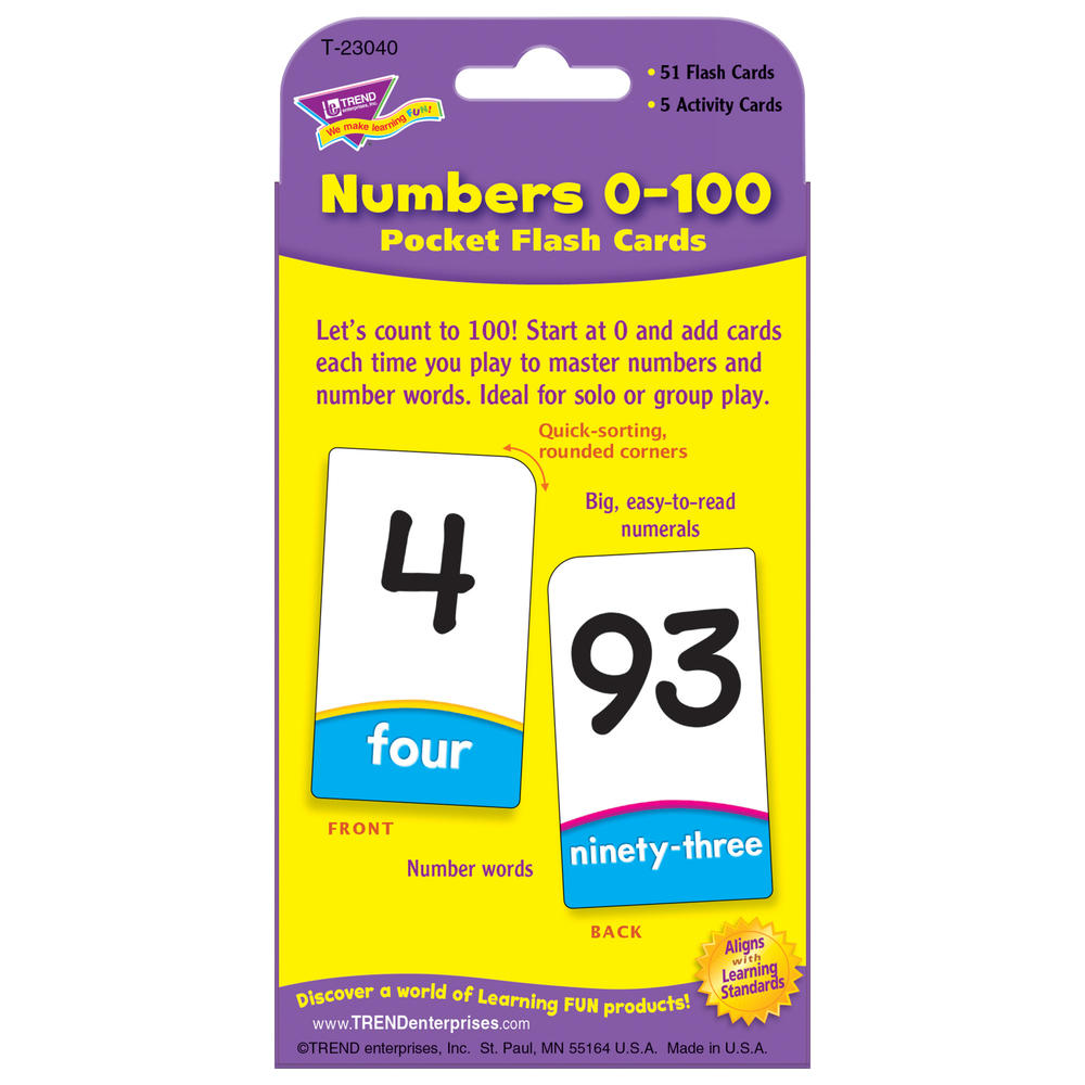 Trend Numbers 0-100 Pocket Flash Cards, 12 Packs