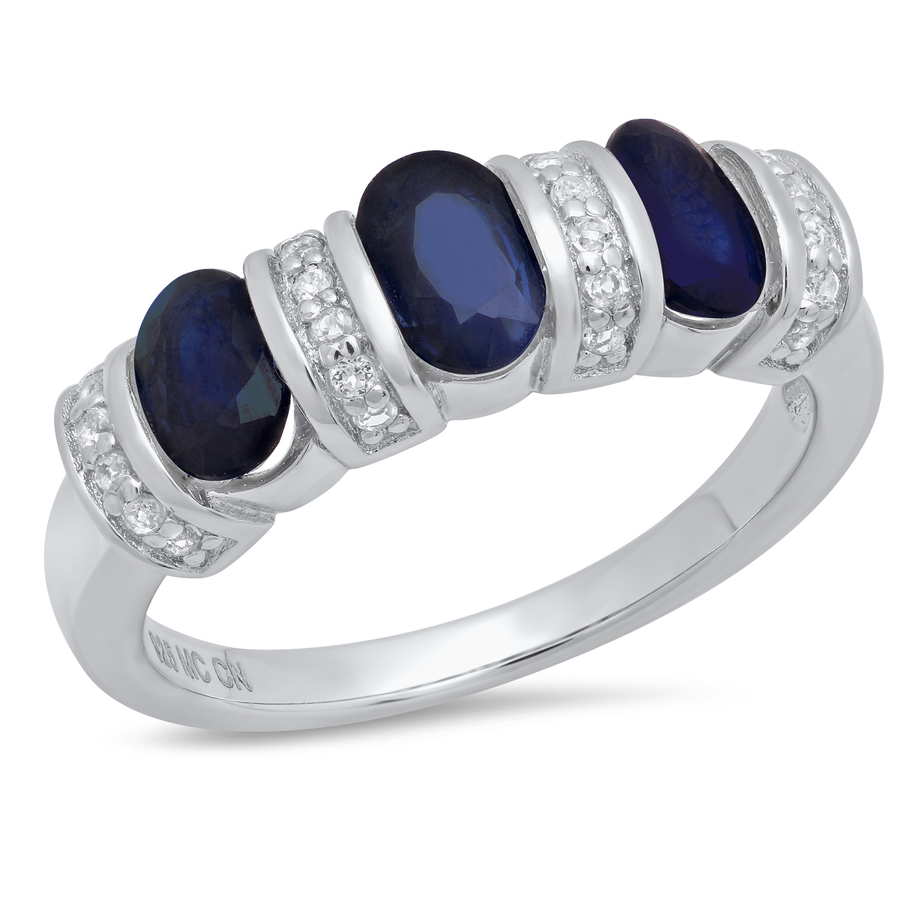 Sterling Silver Genuine Sapphire and White Topaz Three Stone Ring