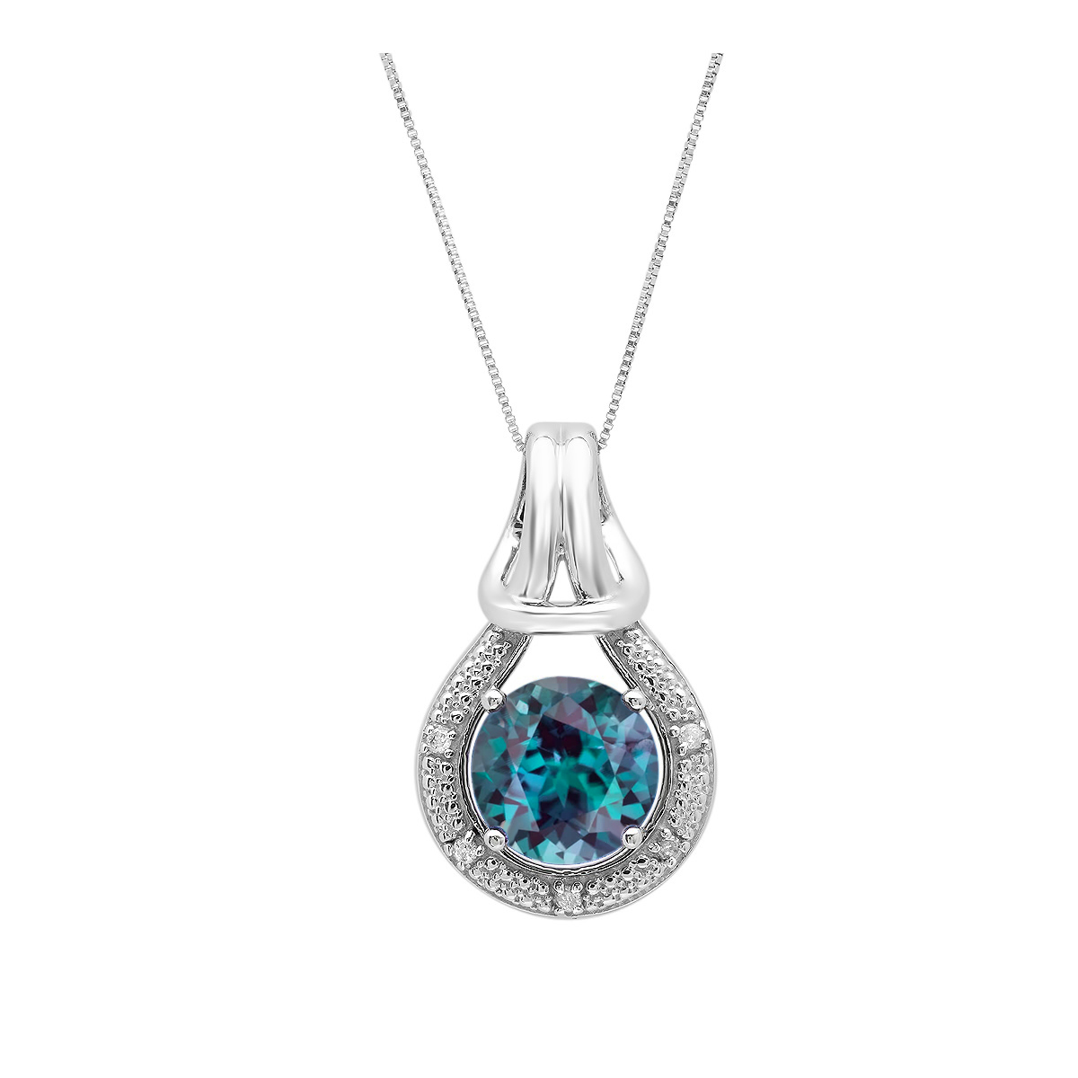 10KT White Gold 8mm Round Created Alexandrite and Diamond Accent Love Knot Pendant (0.03 cttw)