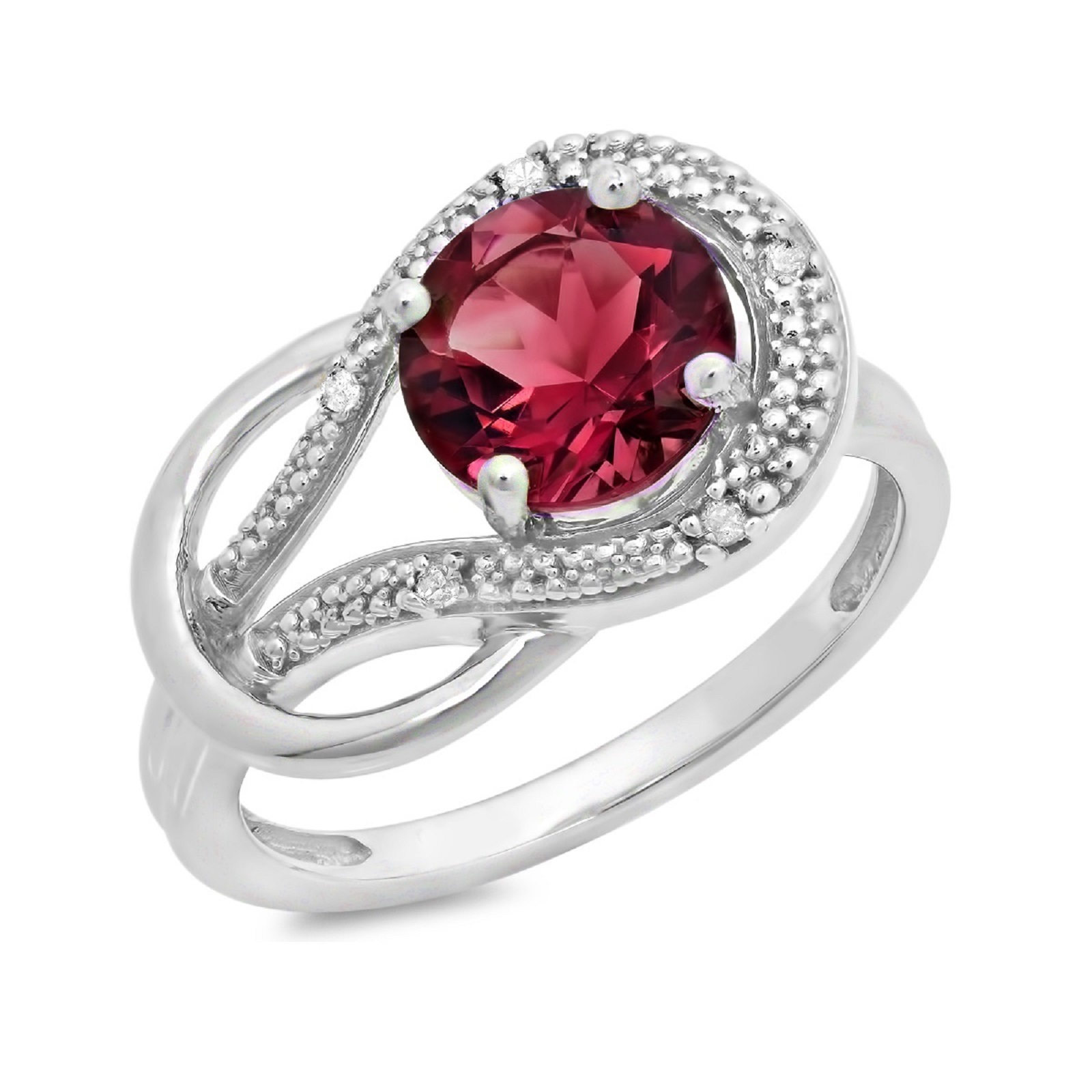 10KT White Gold 8mm Round Garnet and Diamond Accent Love Knot Ring (0.03 cttw, Size 8)