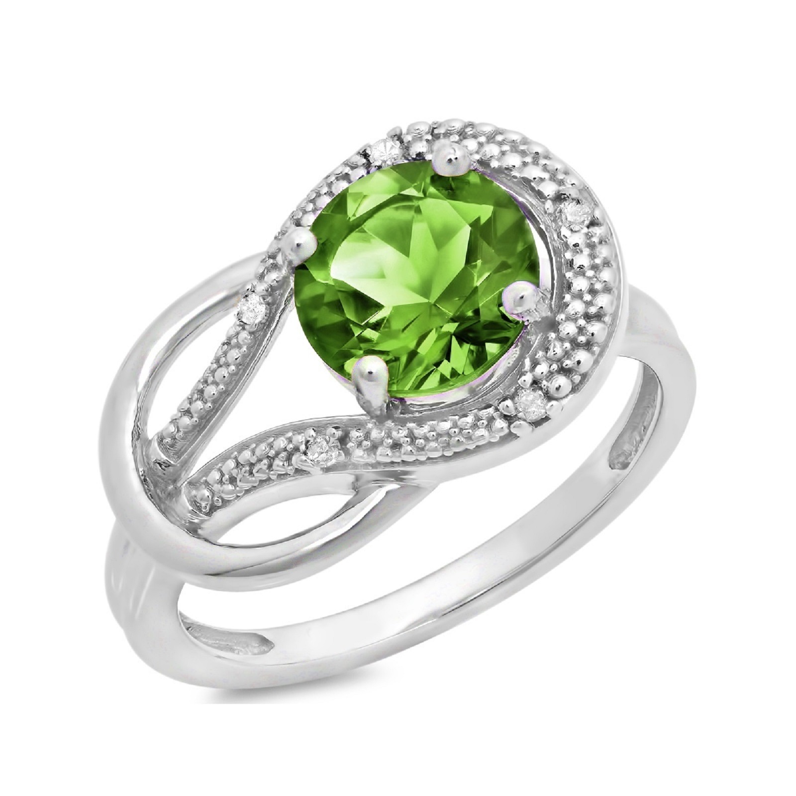 10KT White Gold 8mm Round Peridot and Diamond Accent Love Knot Ring (0.03 cttw, Size 7)