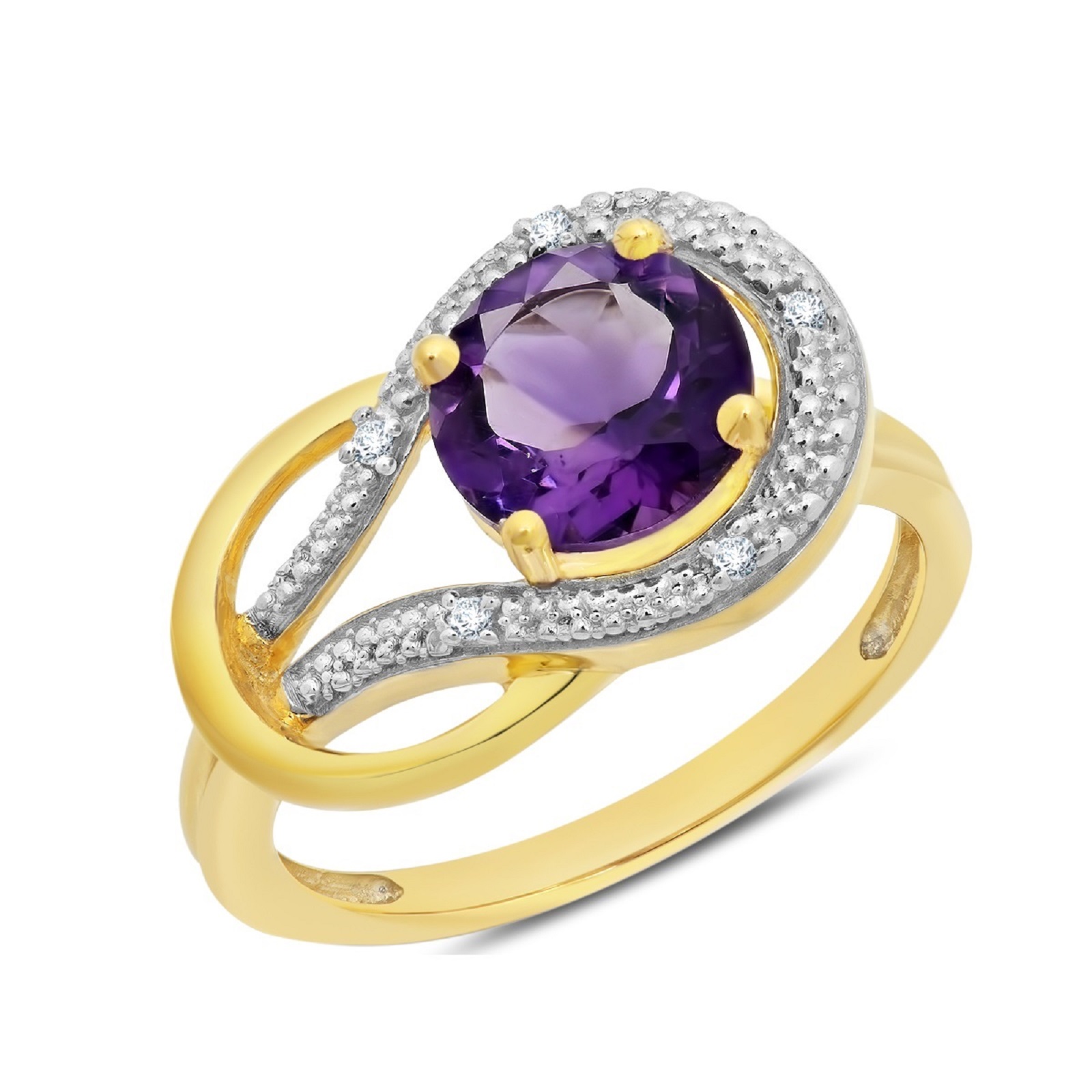 10KT Yellow Gold 8mm Round Amethyst and Diamond Accent Love Knot Ring (0.03 cttw, Size 6)