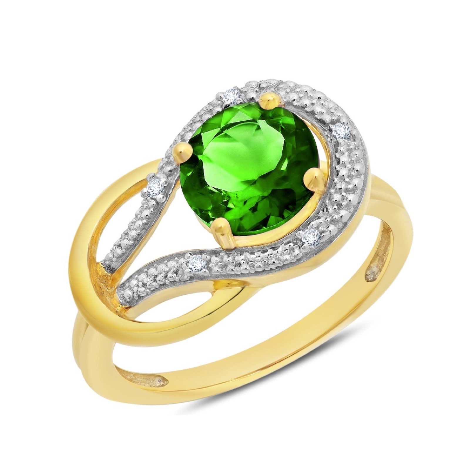 10KT Yellow Gold 8mm Round Created Emerald and Diamond Accent Love Knot Ring (0.03 cttw, Size 6)