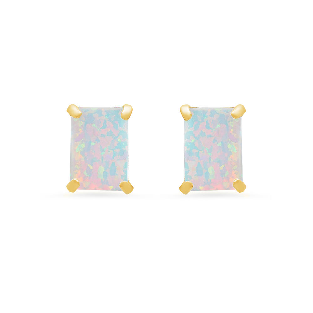 14k Yellow Gold Solitaire Emerald-Cut Created Opal Stud Earrings (7x5mm)