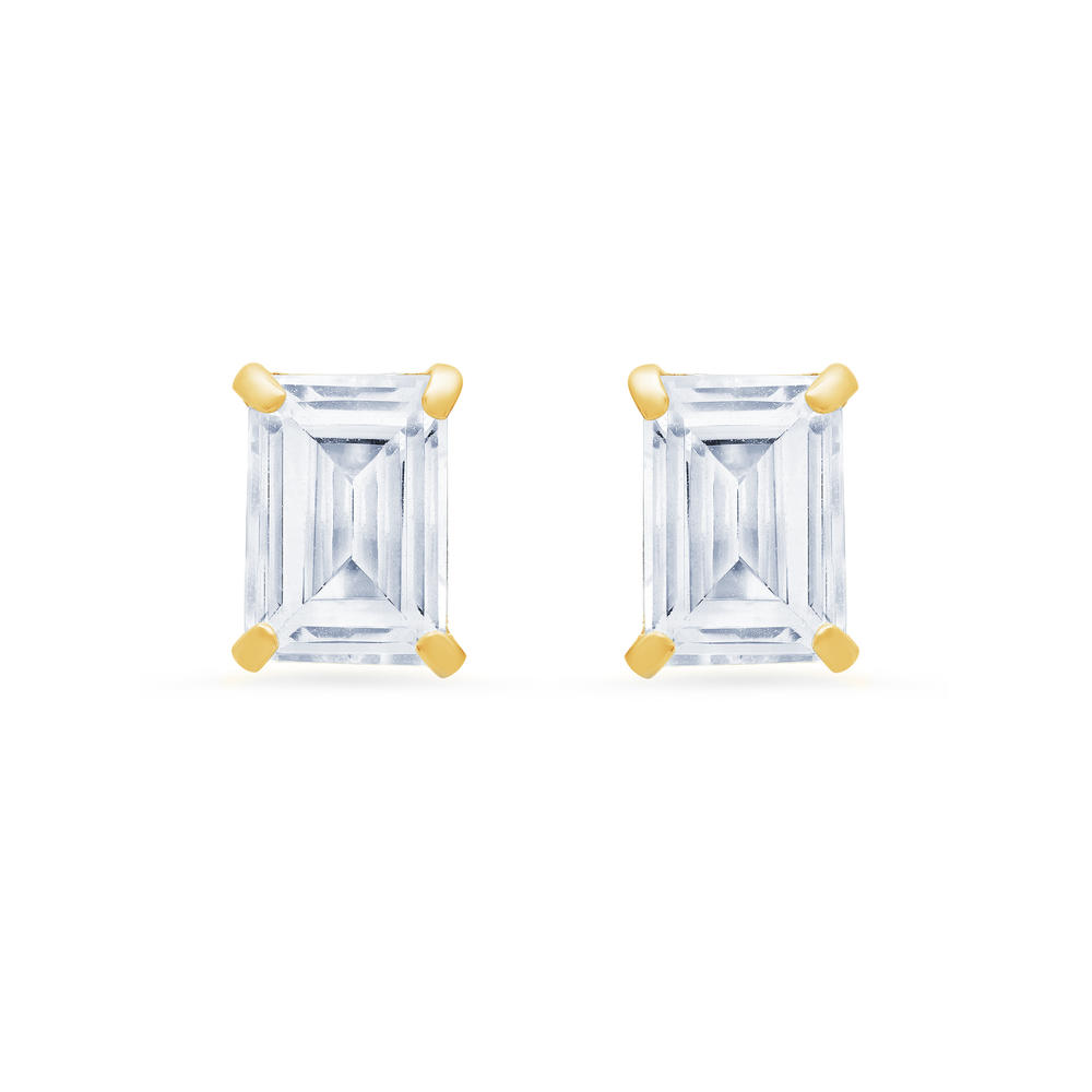 14k Yellow Gold Solitaire Emerald-Cut White Topaz Stud Earrings (7x5mm)