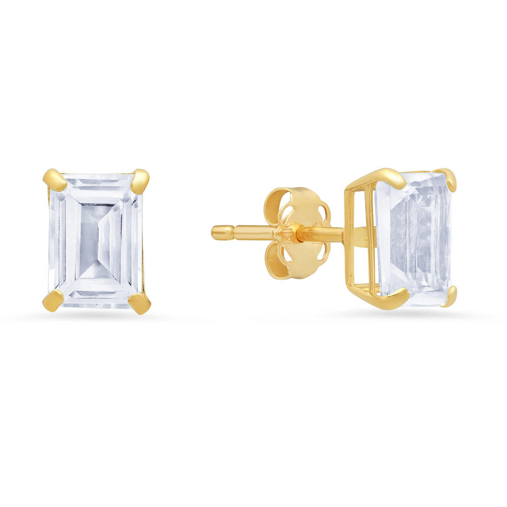 14k Yellow Gold Solitaire Emerald-Cut White Topaz Stud Earrings (7x5mm)