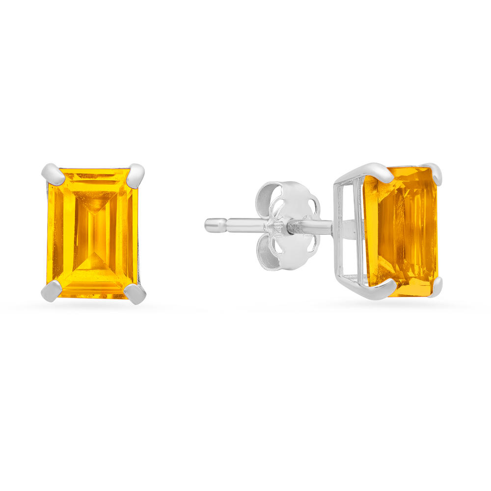 14k White Gold Solitaire Emerald-Cut Citrine Stud Earrings (7x5mm)