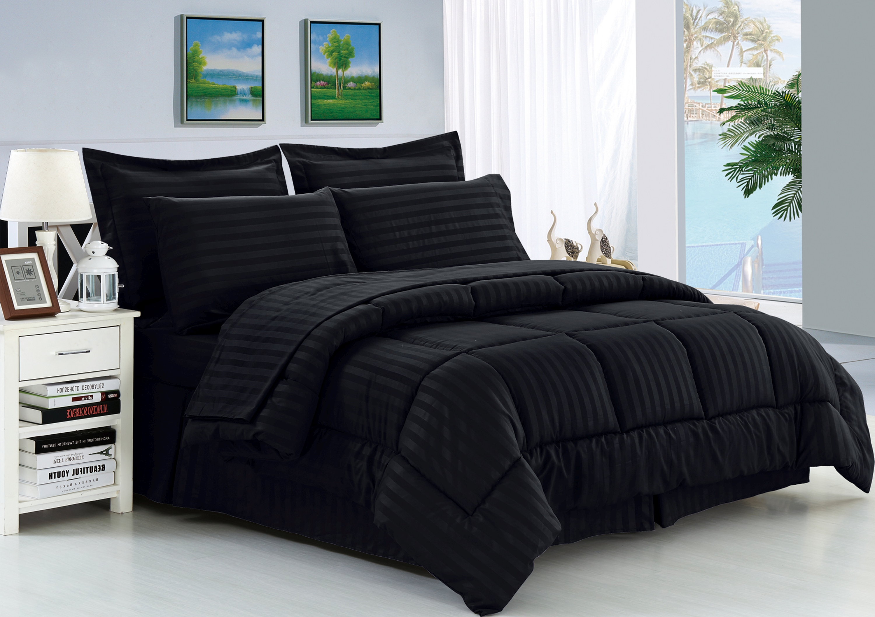 Elegant Comfort 8-Piece Wrinkle Resistant - Dobby Stripe Bed-in-a-Bag Comforter Set, Size: King/California King, Black Elegant Comfort 8-Piece Wrinkle Resistant - Dobby Stripe Bed-in-a-Bag Comforter Set, Size: King/California King, Black