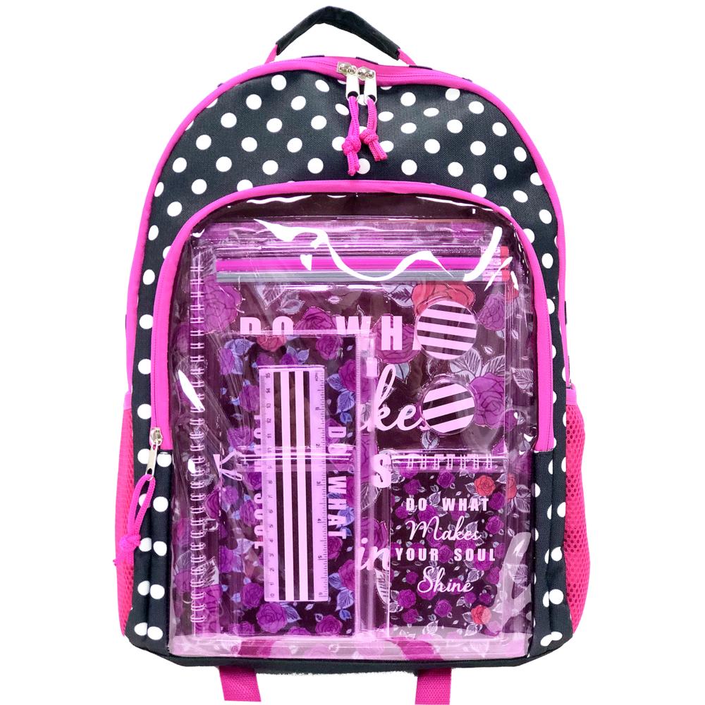 SIMPLY GIRLS ACCESSORIES 17 in. Girls  12 pc. Stationery Backpack- Dots & Flowers