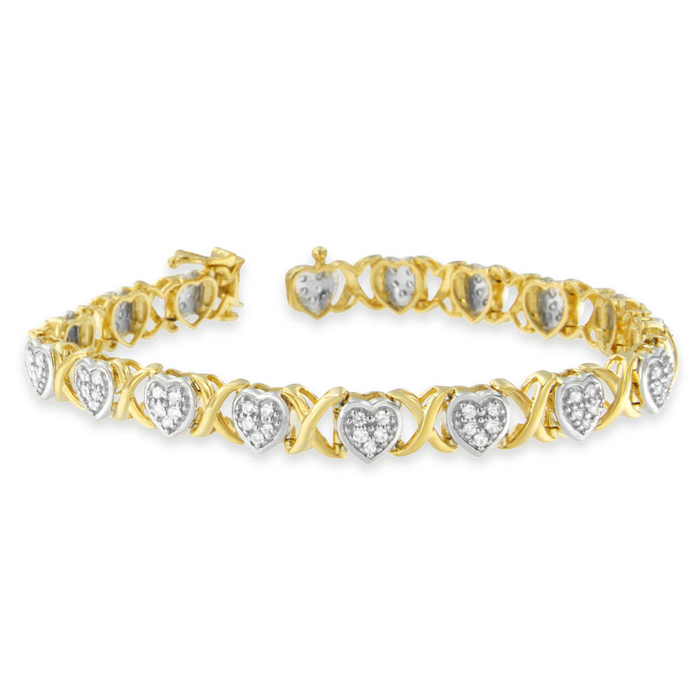 Yellow Plated Sterling Silver 1ct TDW Heart Link Diamond Bracelet(H-I,I2)