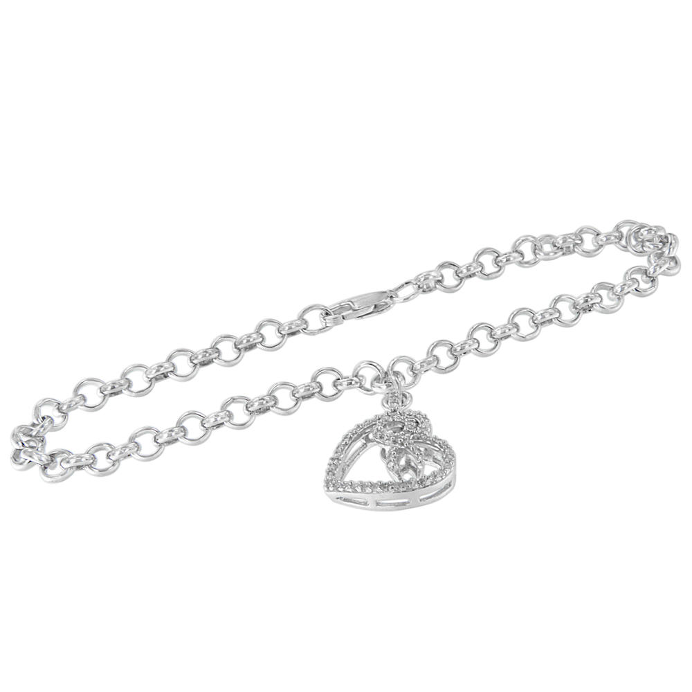 Sterling Silver 1/4ct TDW Round Cut Diamond Heart and Ribbon Charm Bracelet (H-I,I1-I2)