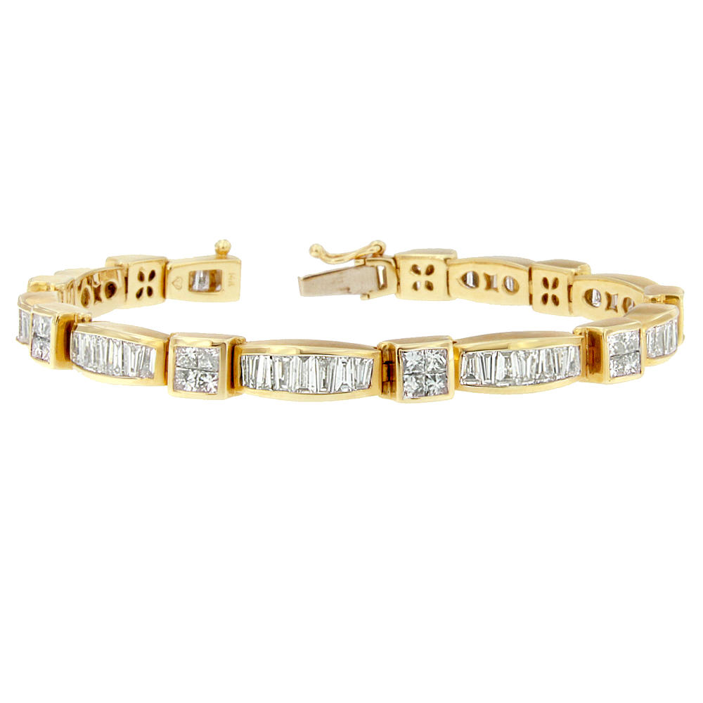 14K Yellow Gold 7 1/3 CTTW Princess and Baguette Cut Diamond Box Square Link Bracelet (H-I, SI1-SI2)