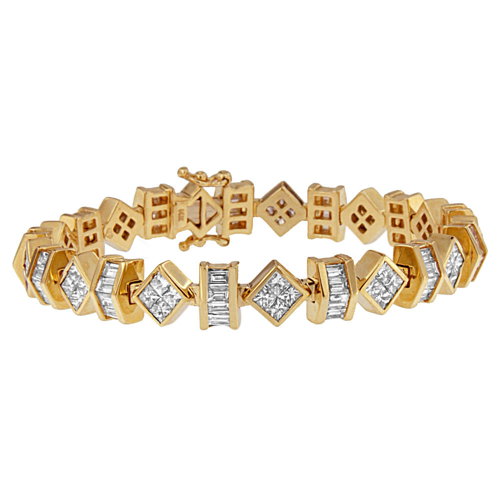 14K Yellow Gold 7 1/2 CTTW Princess and Baguette Cut Diamond Modern Link Bracelet (G-H,VS1-VS2)