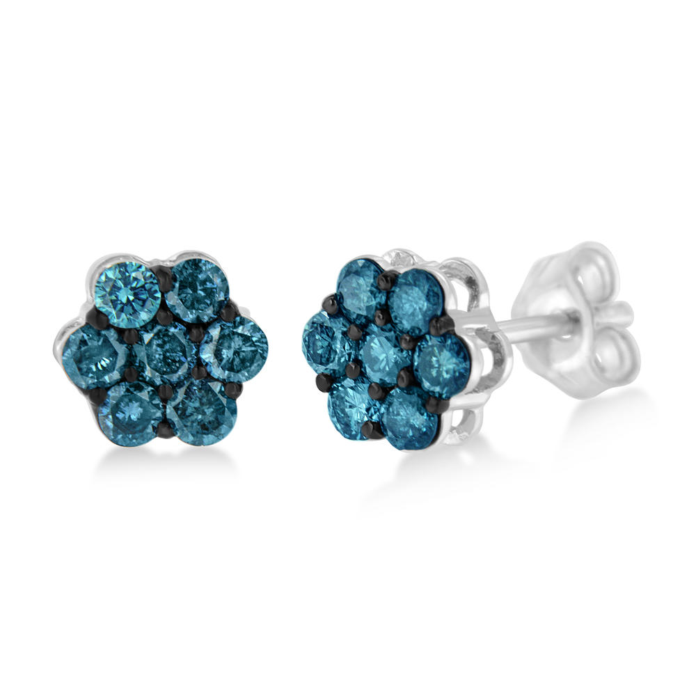 Sterling Silver 1ct TDW Treated Blue Diamond Floral Stud Earrings (Blue,I2-I3)