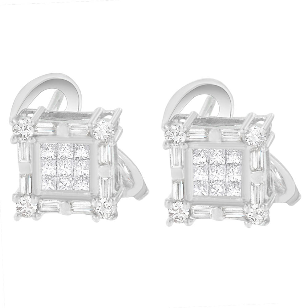 14K White Gold 1ct TDW Princess, Baguette and Round Cut Diamond Earring (H-I,SI1-SI2)