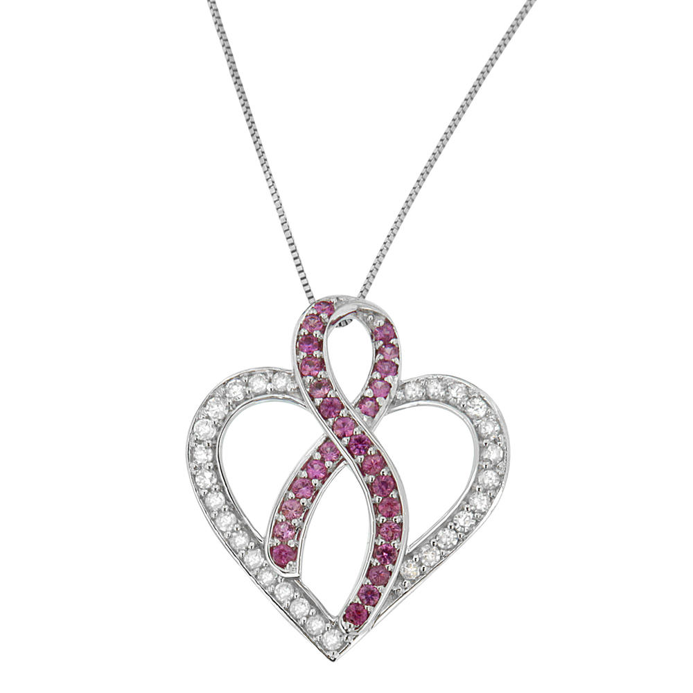 14k White Gold 1/4ct. TDW Round-cut Diamond and Pink Sapphire Heart-shaped Pendant Necklace (H-I, I1-I2)