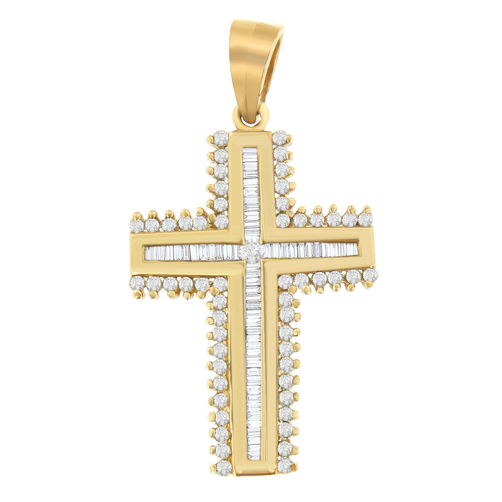 10k Yellow Gold 1 CTTW Round and Baguette Cut Diamond Cross Fashion Pendant Necklace (H-I, I1-I2)