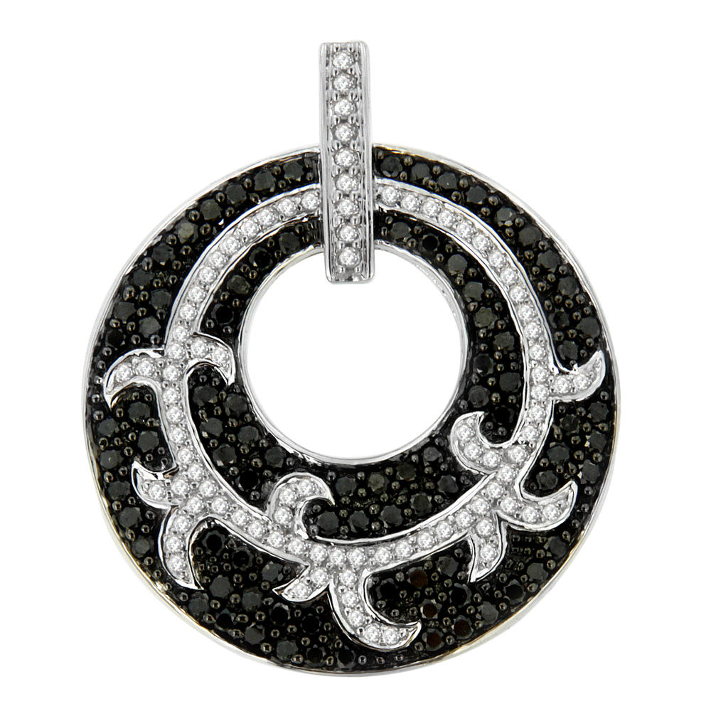 14k White Gold 1 1/2 CTTW Black and White Diamond Medallion Circle Pendant Necklace (H-I, I1-I2)