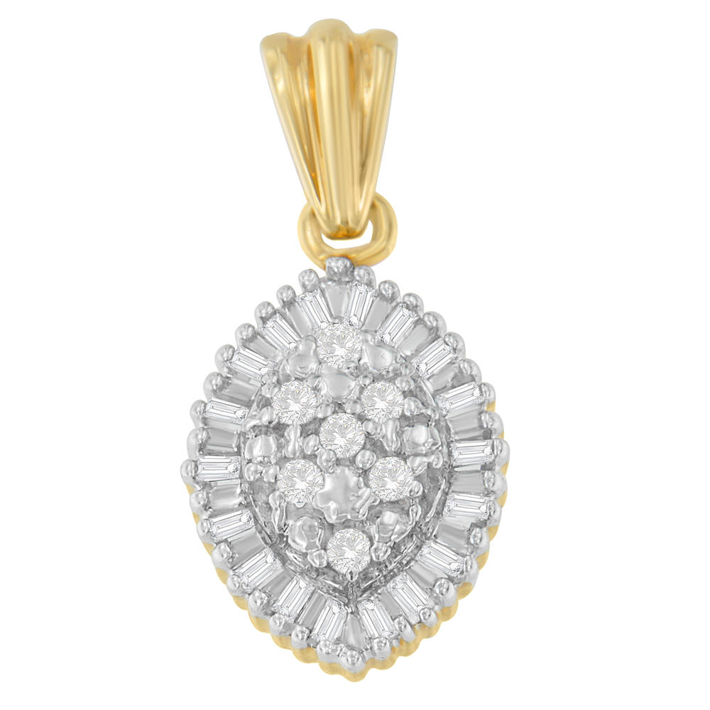 10K Yellow Gold 0.25 CTTW Round and Baguette Cut Diamond Oval Burst Halo Pendant Necklace (I-J, I1-I2)