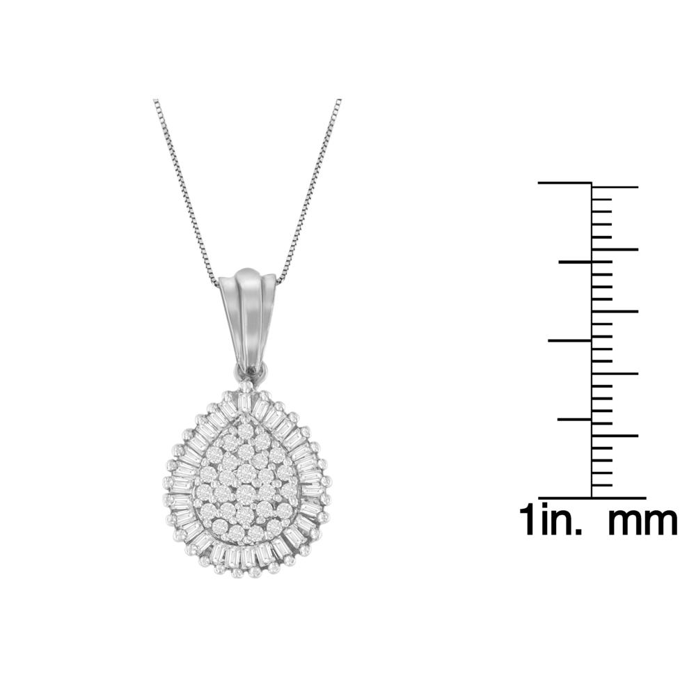 10k White Gold 0.5 CTTW Round and Baguette Cut Diamond Teardrop Pendant Necklace (J-K, I1-I2)