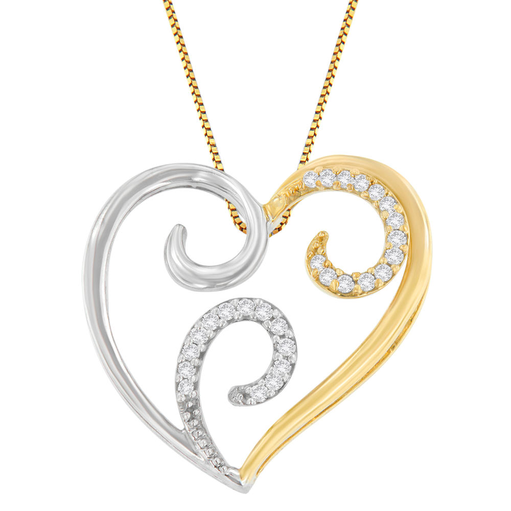 10k Two-Toned Gold 0.1 CTTW Round Cut Diamond Swirl Heart Accent Pendant Necklace (H-I, I1-I2)