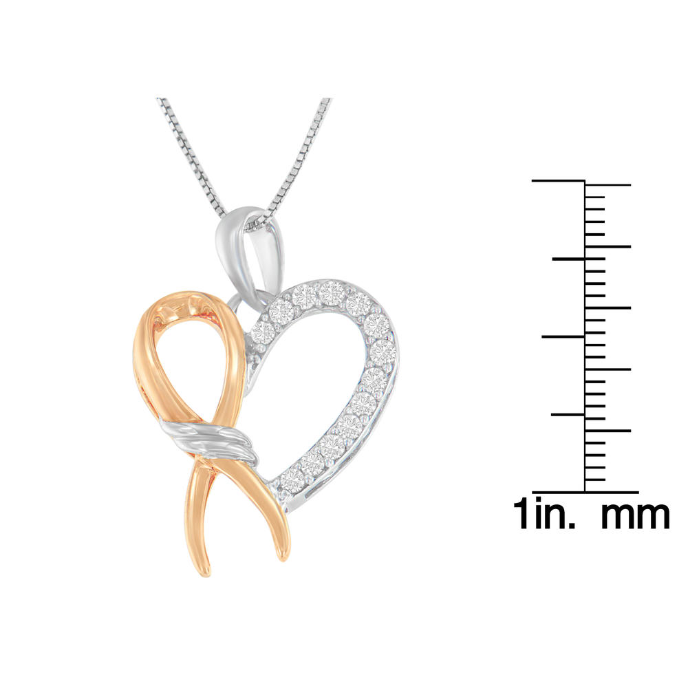 Two-Toned Sterling Silver 0.2 CTTW Round Cut Diamond Ribbon Heart Accent Pendant Necklace (H-I, I2-I3)