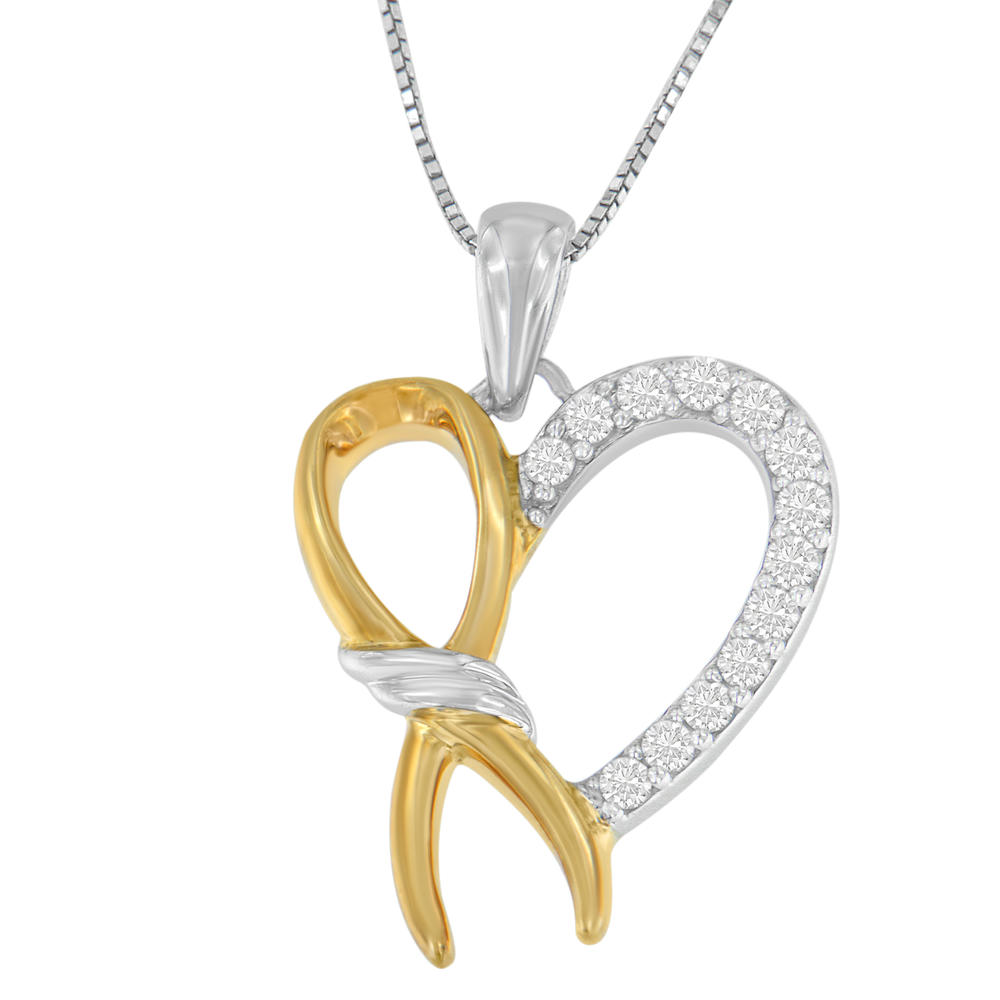Two-Toned Sterling Silver 0.2 CTTW Round Cut Diamond Ribbon and Heart Accent Pendant Necklace (H-I, I2-I3)