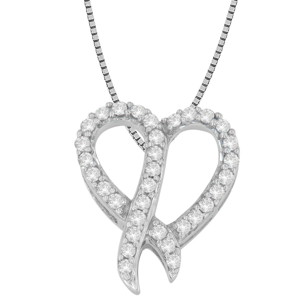 Sterling Silver 0.2 CTTW Round Cut Diamond Ribbon and Heart Shape Fashion Pendant Necklace (I-J, I1-I2)