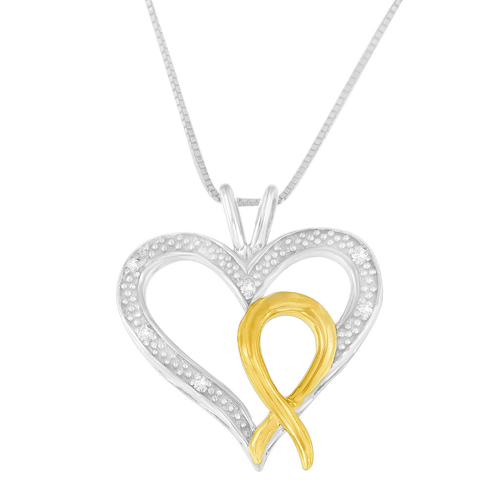 Sterling Silver Two Toned 0.03 CTTW Round Cut Diamond Ribbon-Embellished Heart Pendant Necklace (I-J, I2-I3)