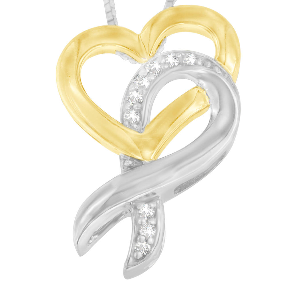 10k Yellow Gold and Sterling Silver 0.05 CTTW Round Cut Diamond Ribbon and Heart Pendant Necklace (H-I, I1-I2)